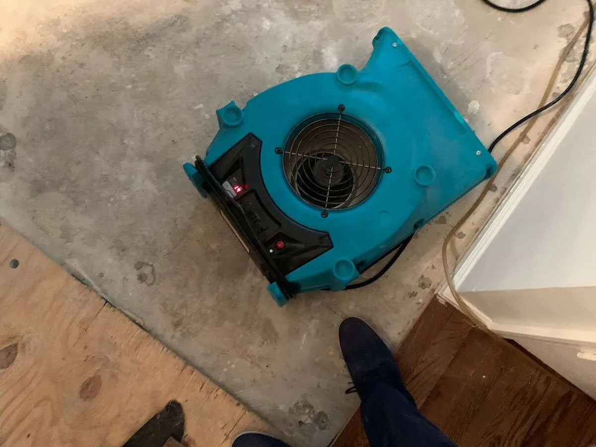 Air mover drying subfloor during Commercial Water Damage Restoration in Reno